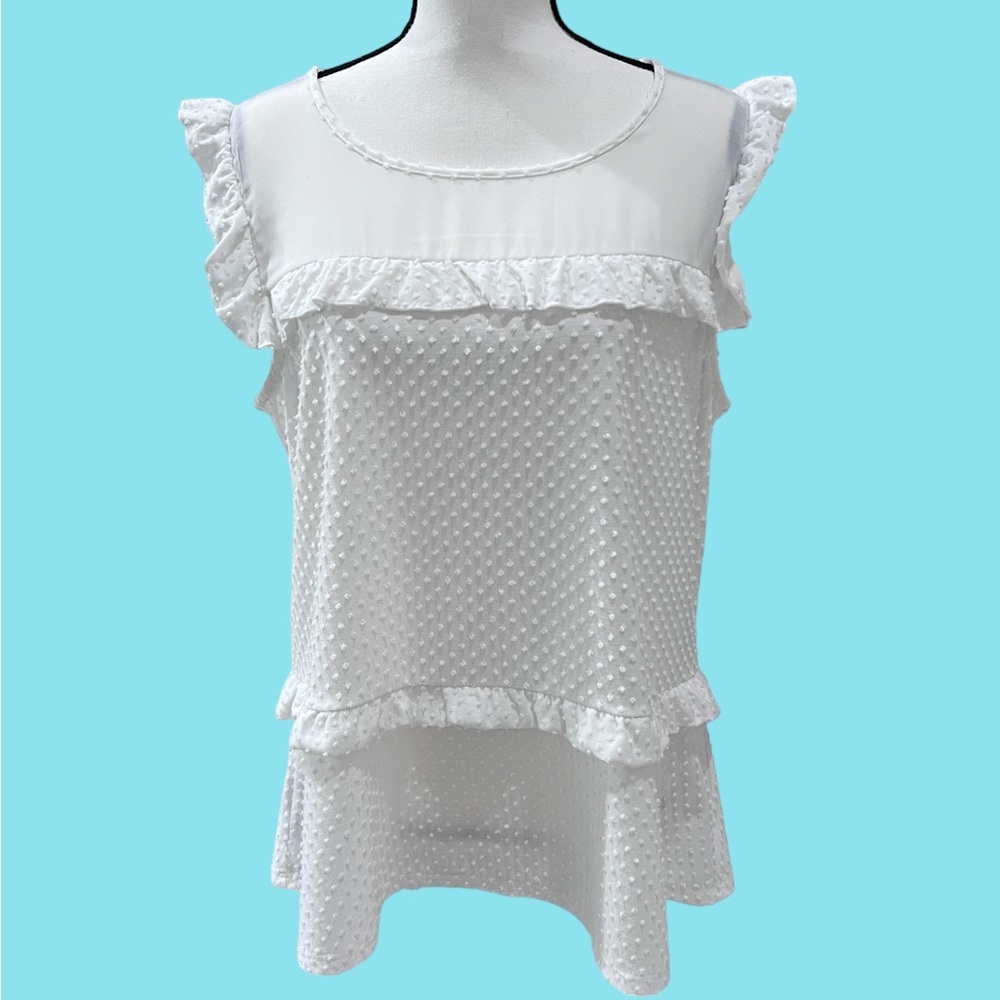 Ivanka Trump French Dot White Top Flutter Sleeves Women's Large